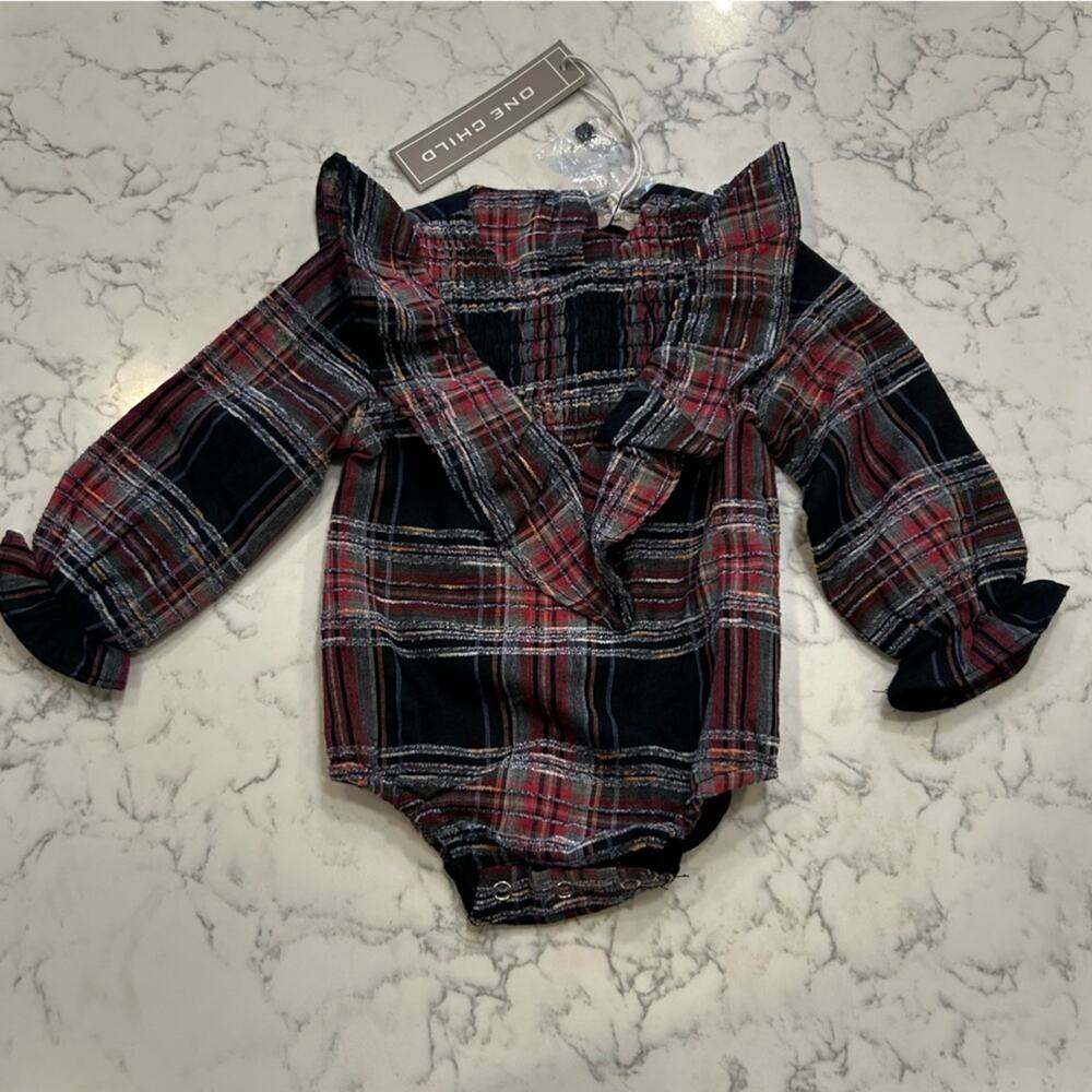 NWT One Child 100% Cotton Plaid Ruffle Hayden Baby Romper Size‎ 9M